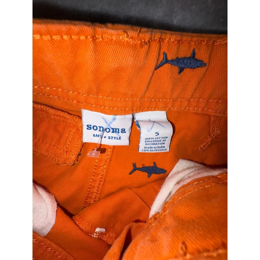 (B4) Sonoma Boys Orange Shark Embroidered Chino Shorts 5 Cotton Nautical Summer‎